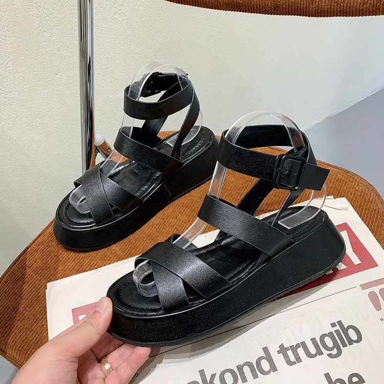 Thick-soled Heightened Roman Shoes Retro Round Head Thin Belt Buckle Sandals