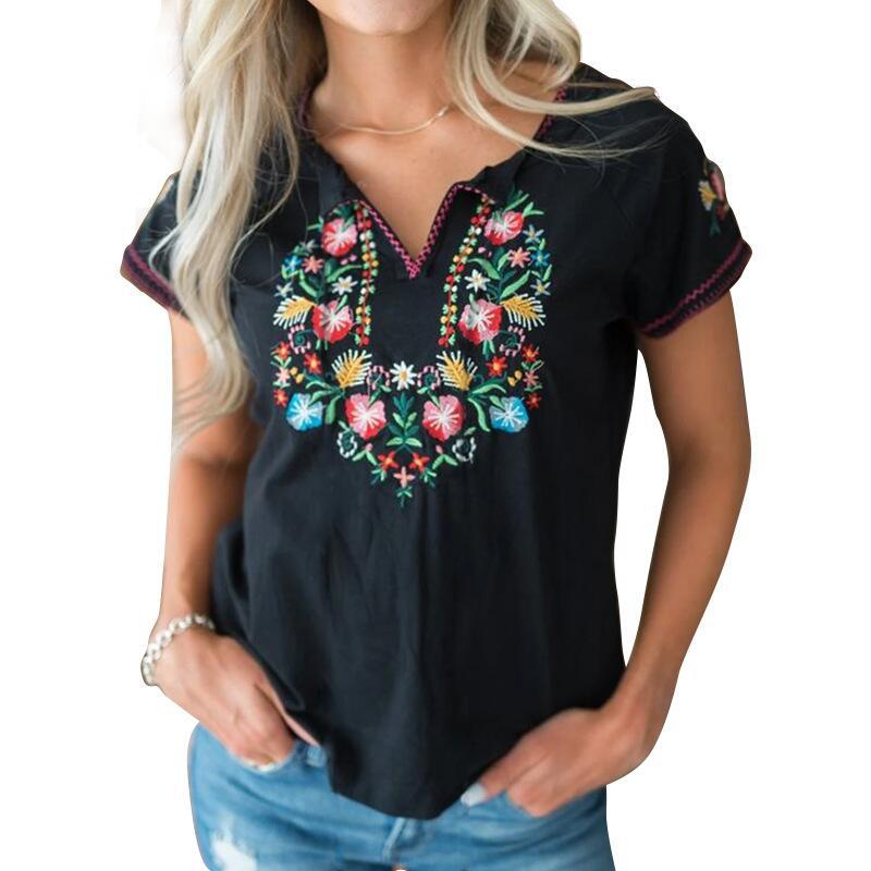 Spring Summer  Retro Embroidered Short Sleeve T-Shirt Women