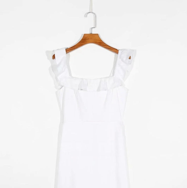 Slim Fit White Dress With Ruffle Neck