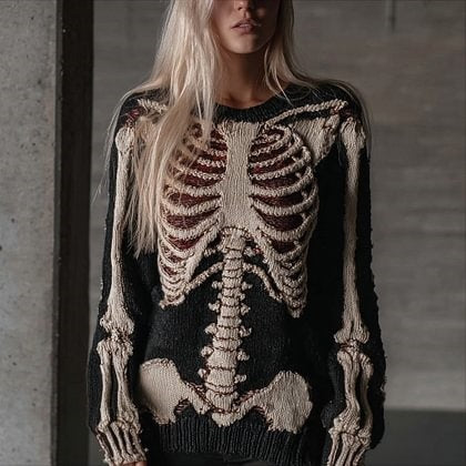 Womens Halloween Top Crew-neck Sweater With Faux Fur Details