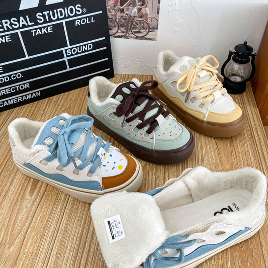 New Winter Warm Latex Insole Fleece-lined Bread Shoes Women