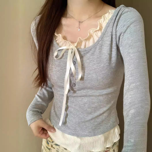 Women's Top With Chest Pad And Wooden Ear Fake Two-piece T-shirts