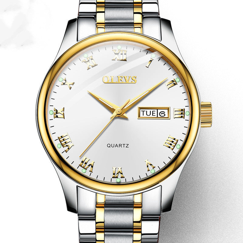 Double Calendar Simple Quartz Watch Tide Brand Waterproof Steel Band Watch
