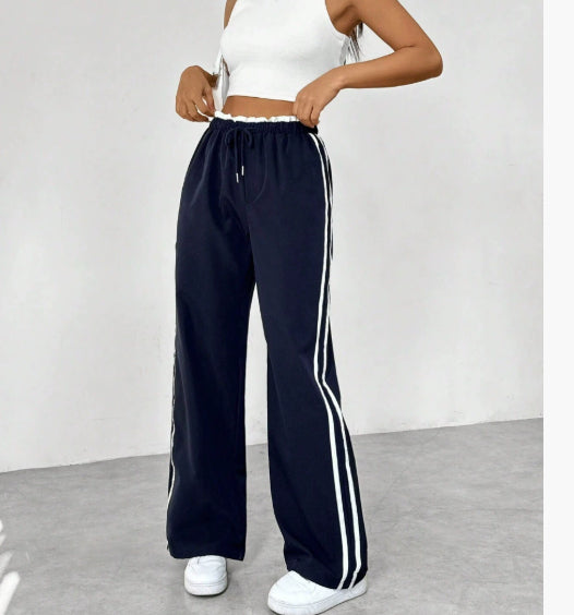 Elastic Waist Black Sports Straight Women's Trousers