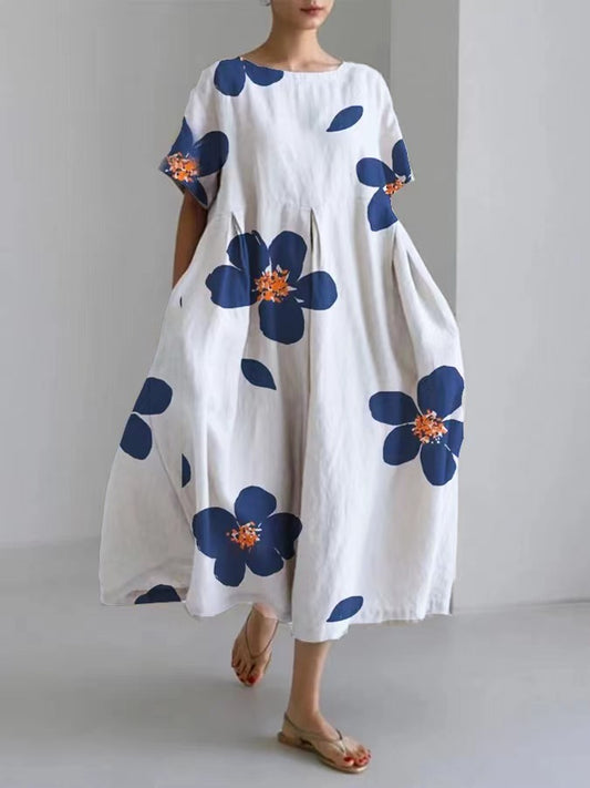 Digital Printing Small Chrysanthemum Women's Casual Short Sleeve Large Swing Dress