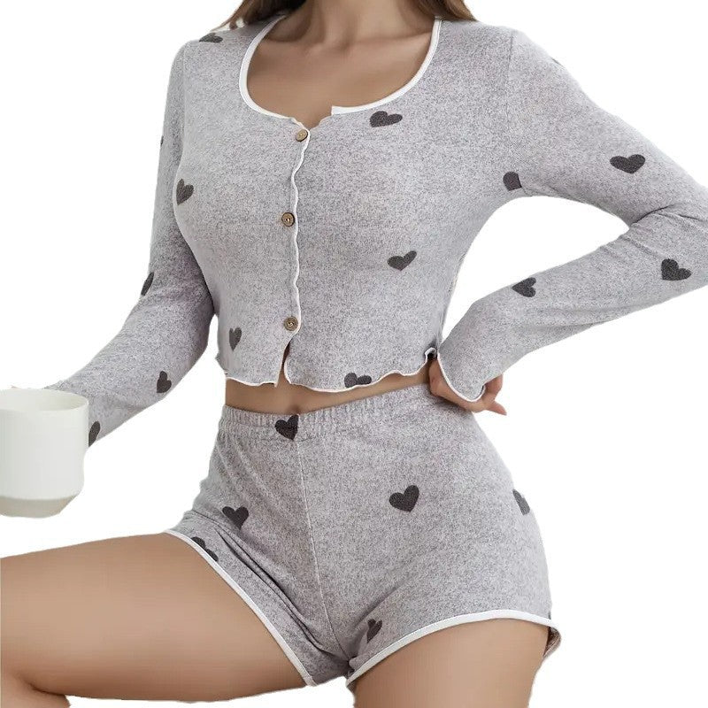 Knitted And Emerized Heart Printing Ruffled Pajamas Shorts Suit