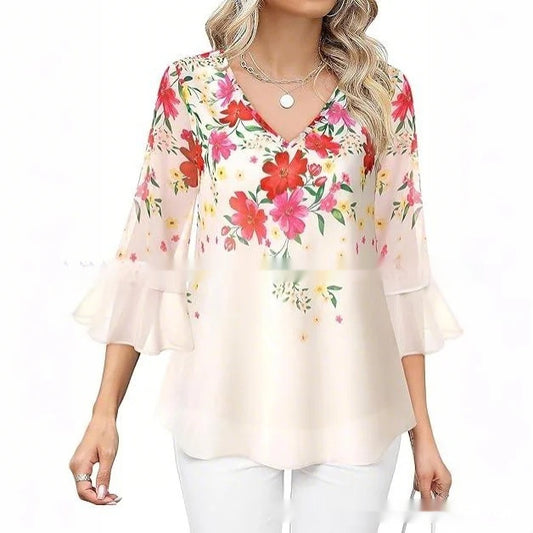 Women's Fashion Casual Top Pleated 34 Sleeve V