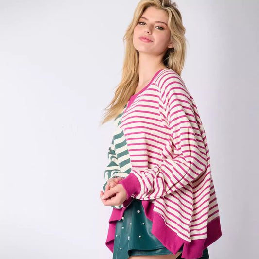 Women's Round Neck Multicolor Striped Long-sleeved Top Sweater