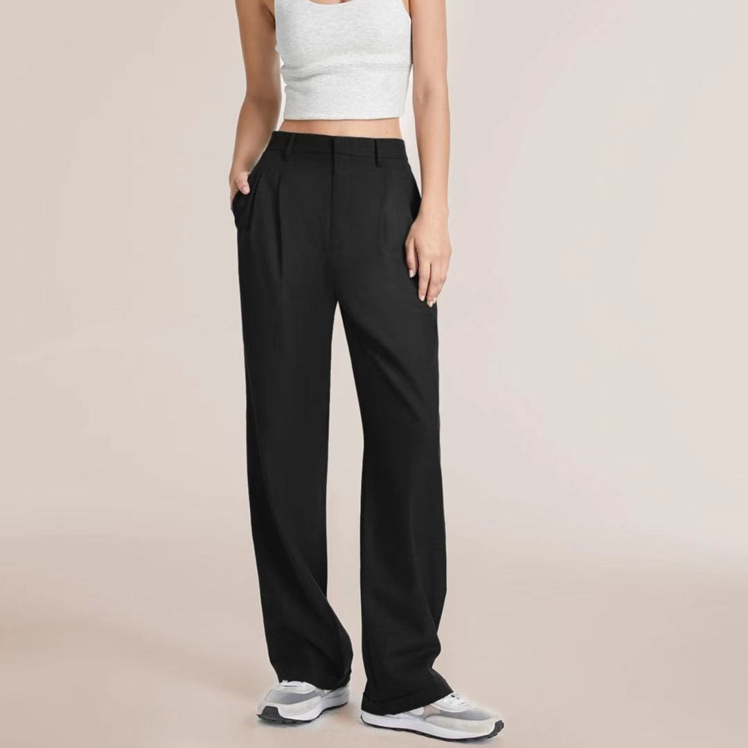 Commuter Drooping Slimming Solid Pocket High Waist Wide Leg Pants