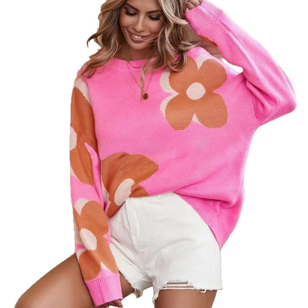 Multi-Color Flower Knitted Brocade Sweater Women