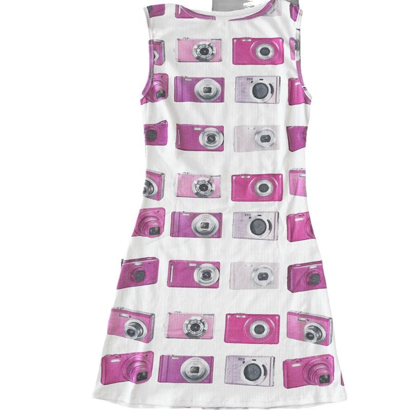 Street-style Retro Y2K Edgy Camera-print Fitted Vest Dress