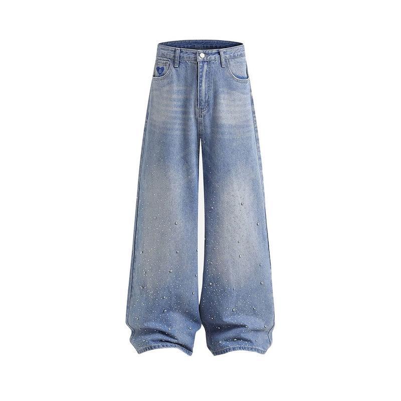Rhinestone-embellished Relaxed-fit Jeans Casual Soft Denim Trousers