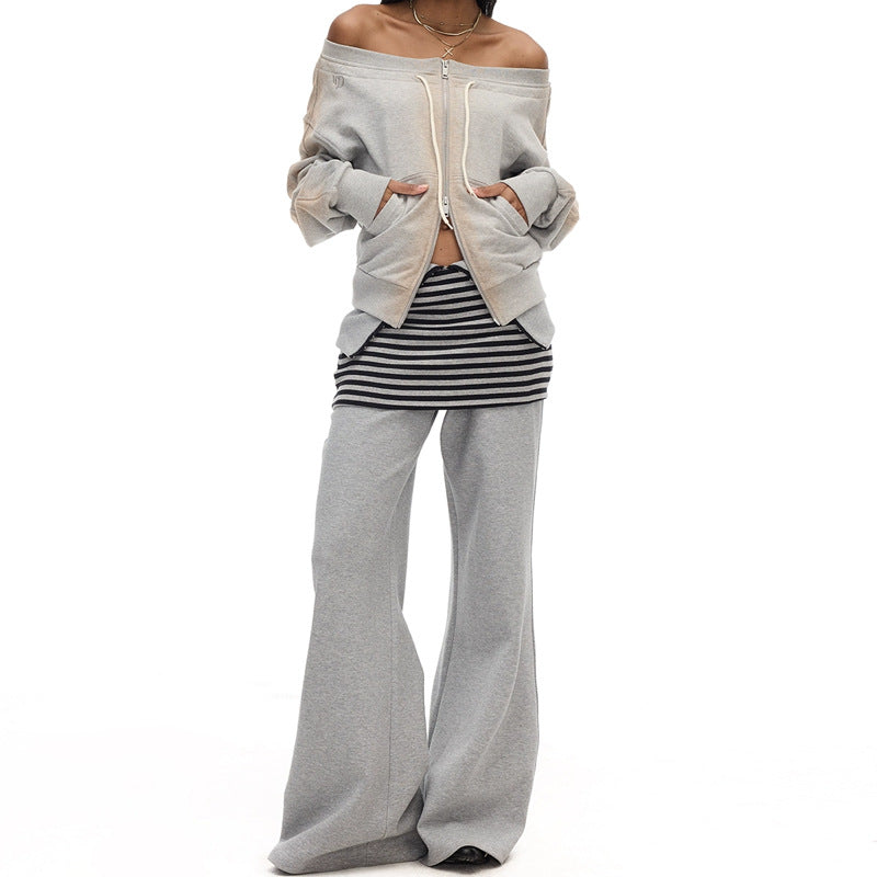 Adjustable Waist Gray Wide Leg Striped Skirt Profile Long Sports Pants Women