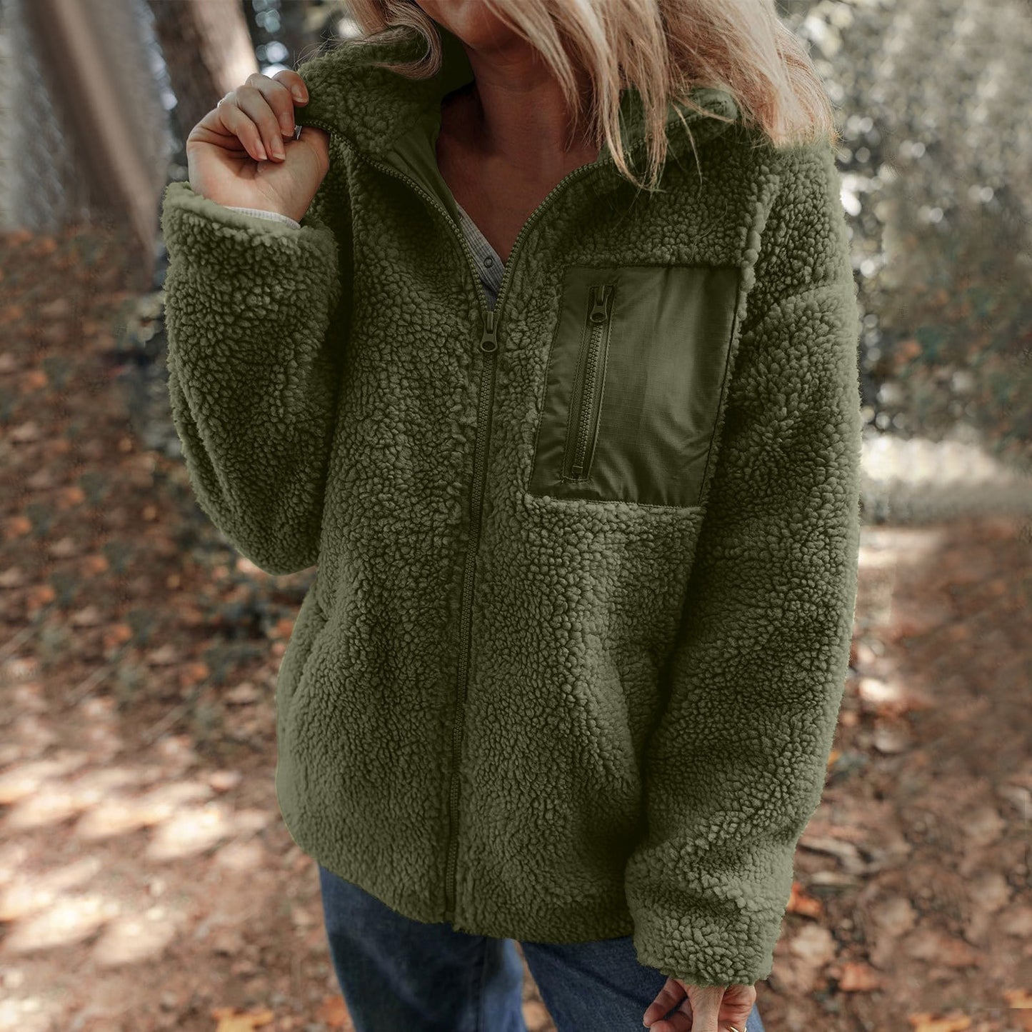 Lambswool Warm Fashion Solid Color Zipper Plush Coat