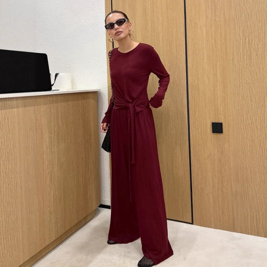 European And American Elegant Wine Red Knitted Top Suit
