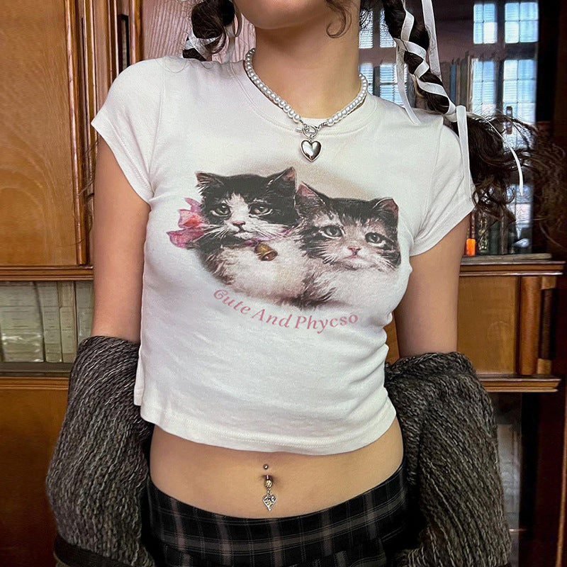 European And American Women's New Casual Round Neck Cute Cat Print Top