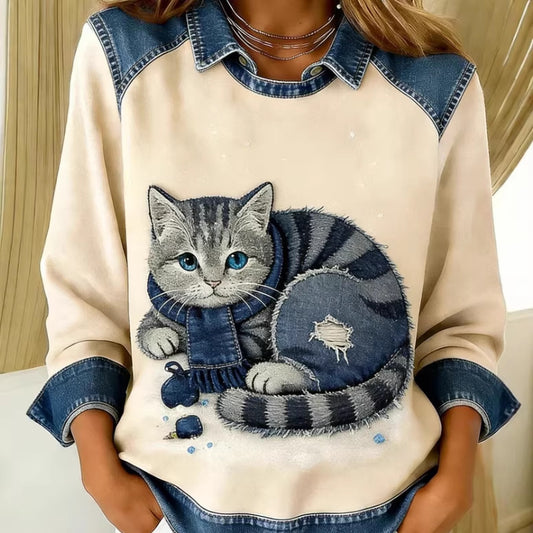 Dame T-shirt med rund hals i denimlook med 3D digitalt print og V-udskæring