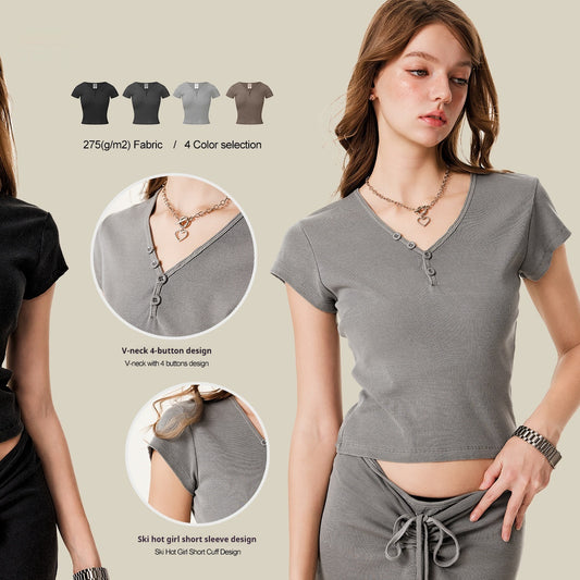 American Retro Design Hot Girl Slim Top Button V-neck Shoulder Short Sleeve
