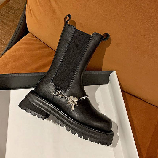High  Boots British Style Round Toe Versatile Platform