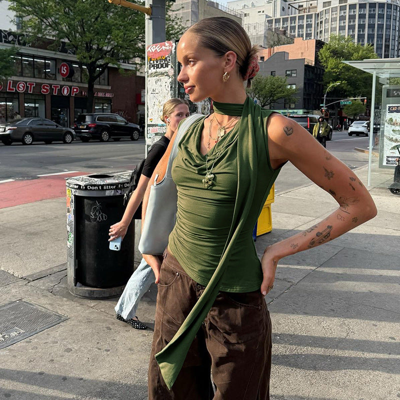 Summer New Solid Color Swing Collar Ribbon Vest T-shirt Top For Women