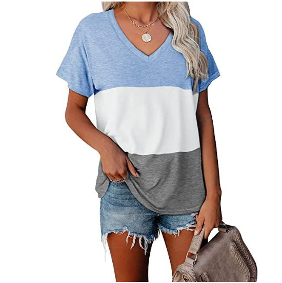 Women's Color Matching V-neck Casual Loose Short Sleeves