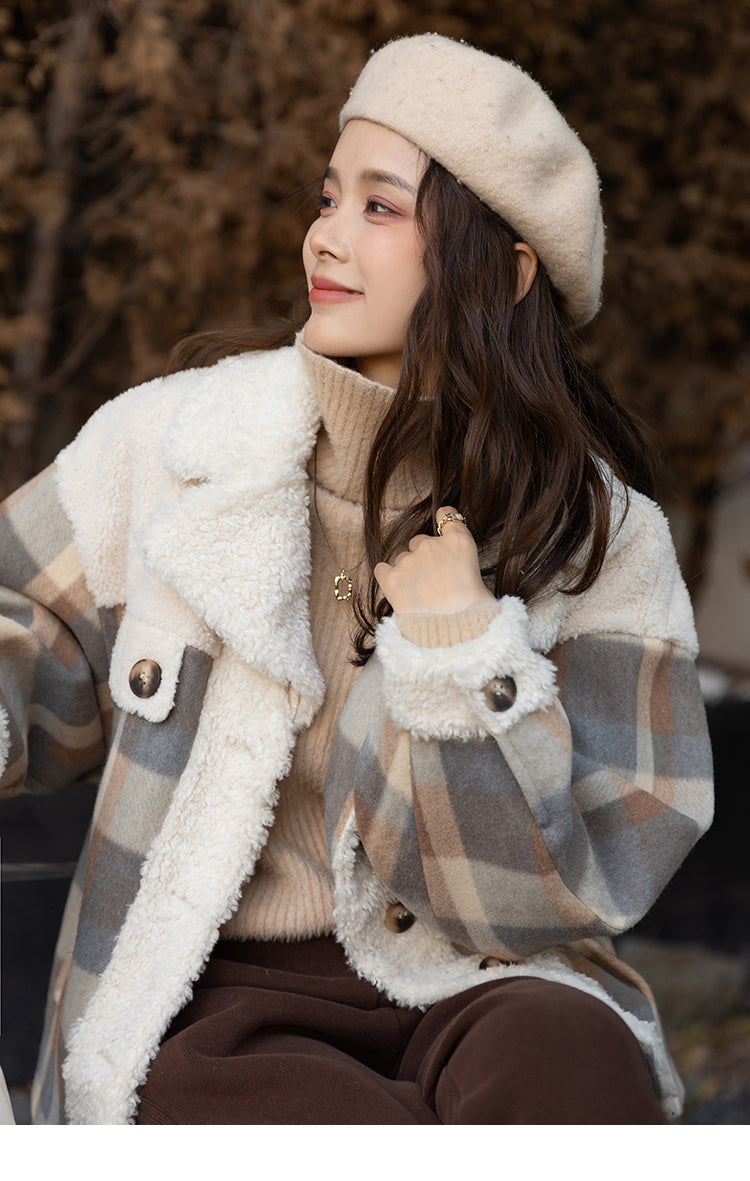 Loose Vintage Thick Woolen Stitched Lamb Wool Coat