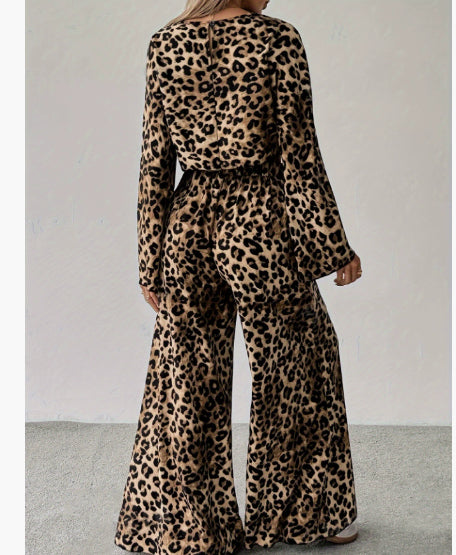 Leopard Print Loose Comfortable Long Sleeve Trousers Two-piece Set