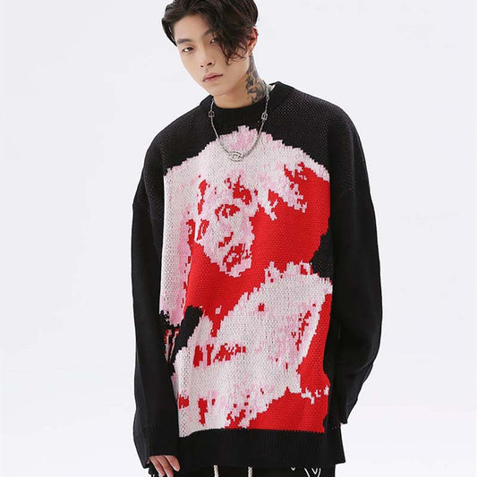 Men's High Street Character Full Print Jacquard Crew Neck Sweater