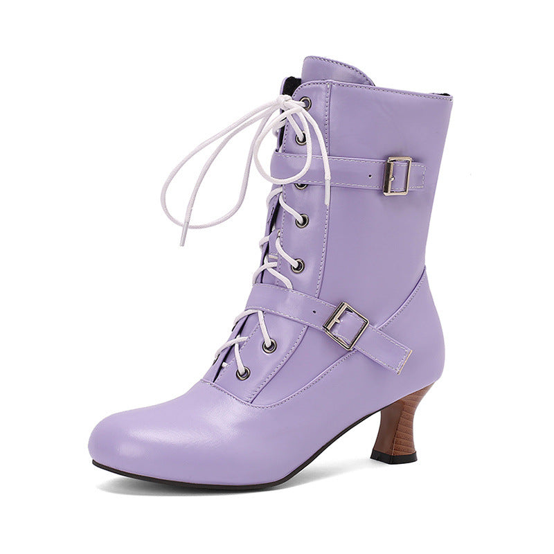 Comfortable Mid Heel Burnt Flower 40-50 Plus Size All-match Lace-up Low Tube Women's Boots