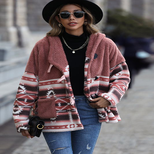 New Casual Women's Hooded Long-sleeve Geometric Horn Button Jacket