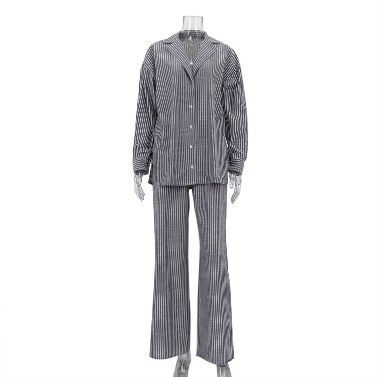 New Arrival Lapel-collar Long-sleeve Shirt And Wide-leg Pants Two-piece Set