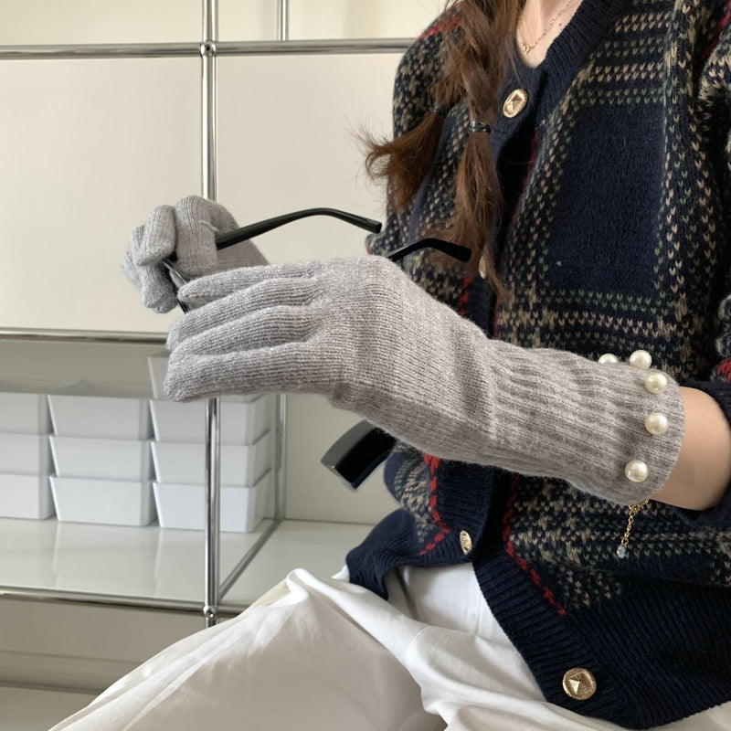Solid Color Knitted Pearl Warm Knitted Gloves