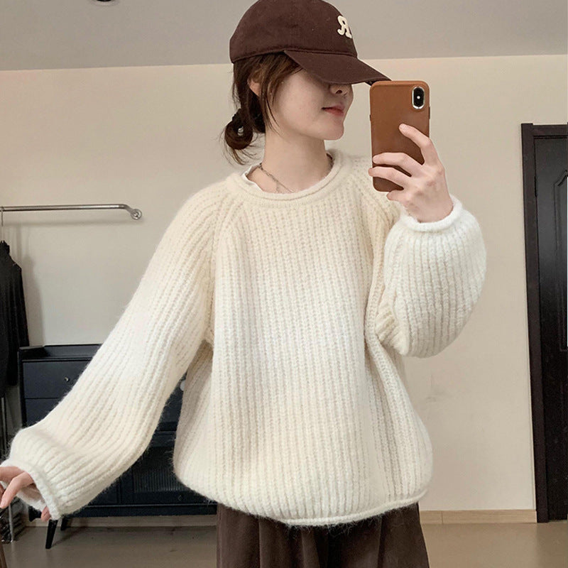 Korean Style Lazy Style Solid Color Curling Coarse Yarn Sweater For Women