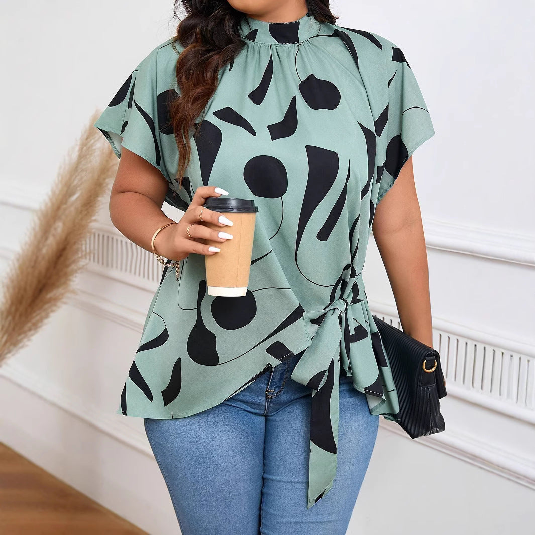 Fashion Women's Stand-up Collar Asymmetric Print Waist-tie Shirt