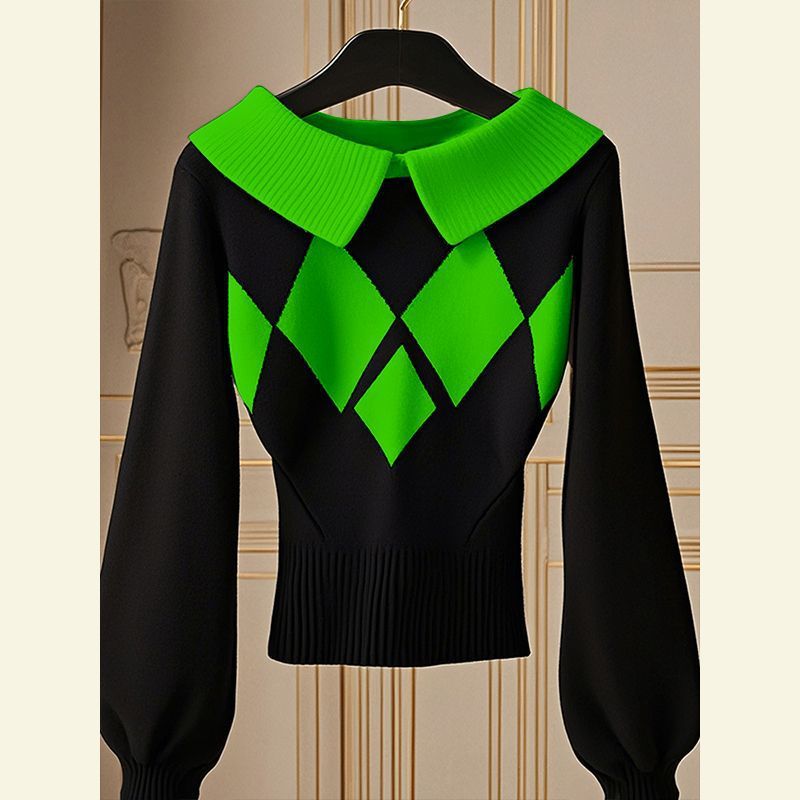 European Goods Western Style Unique Chic Niche Idle Style Black Diamond Plaid Sweater