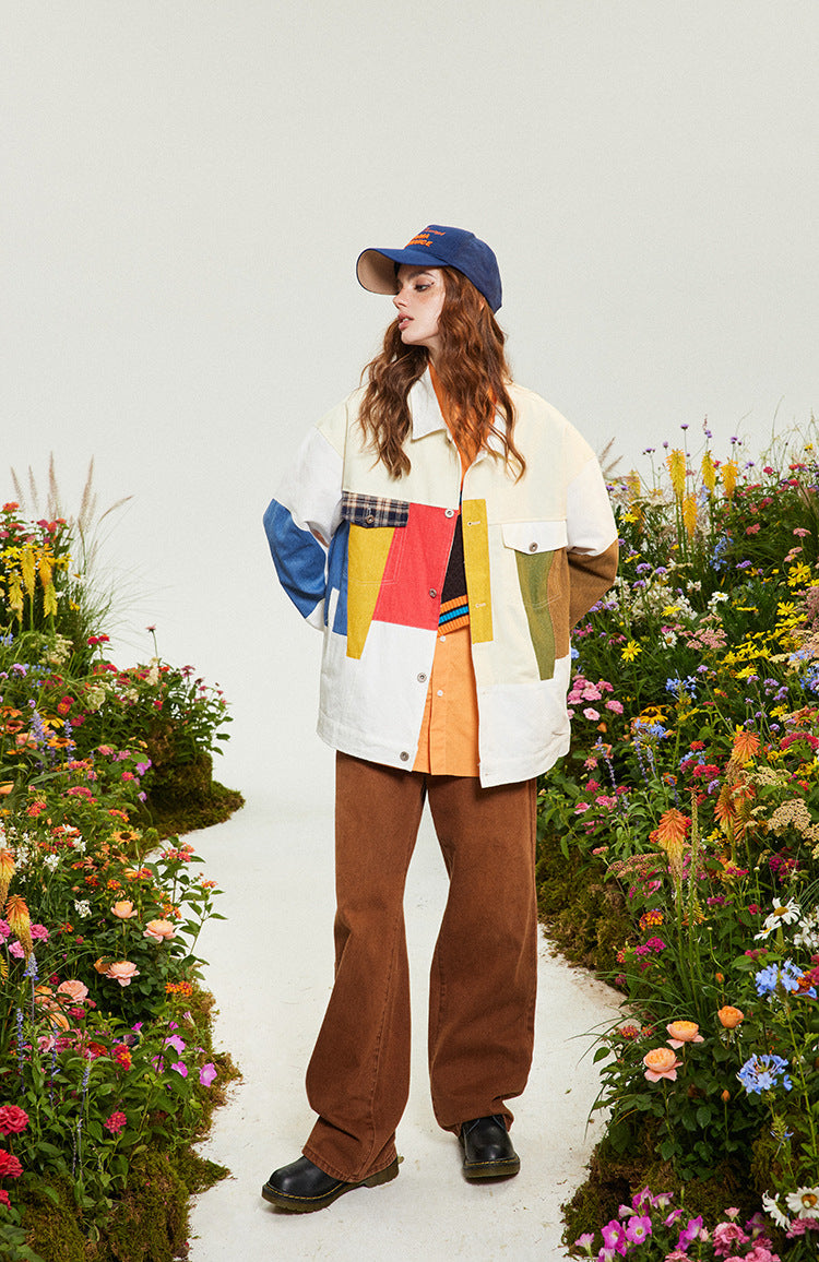 American Style Loose New Patchwork Contrast Color Coat