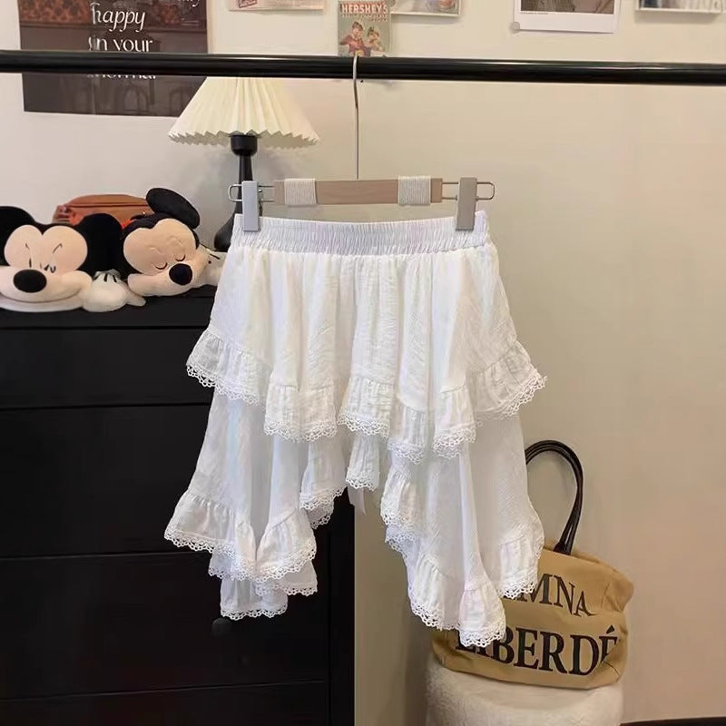 Irregular Patchwork Lace Trim High-Waisted Short Skirt