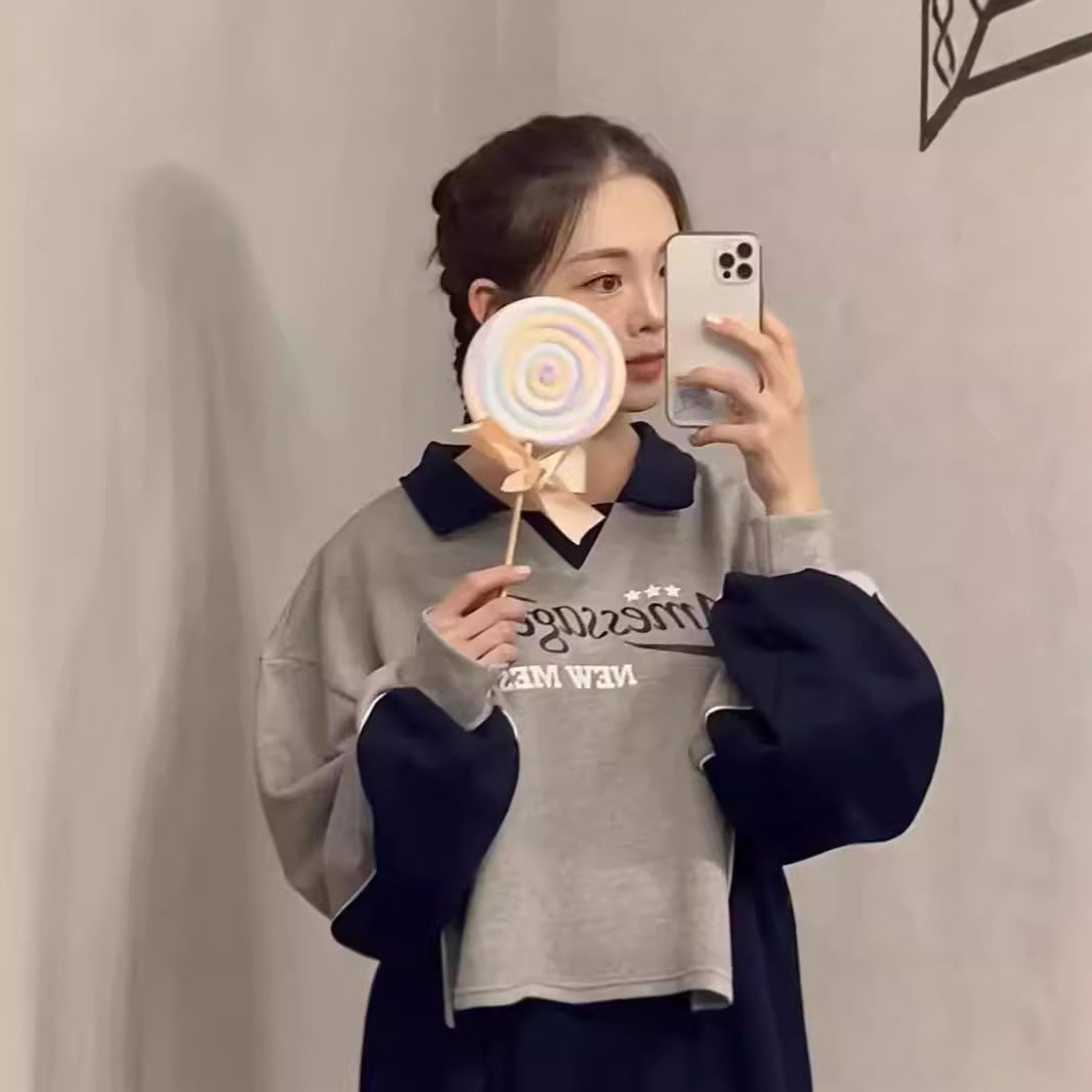 American Retro Jersey Stitching Lapel Couple Sweater Long Sleeve