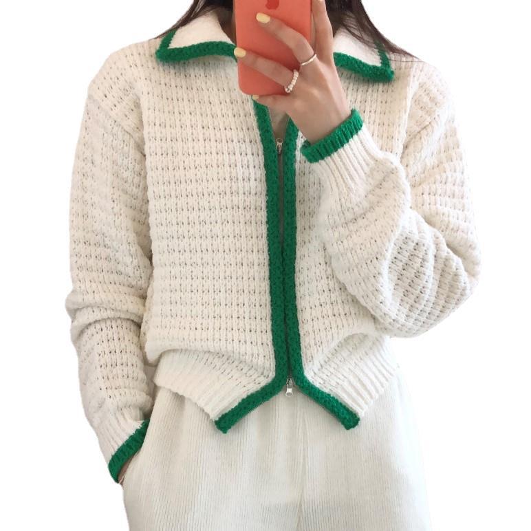 Contrast Thick Needle Zipper Cardigan Sweater Coat Women's Vintage Lapel