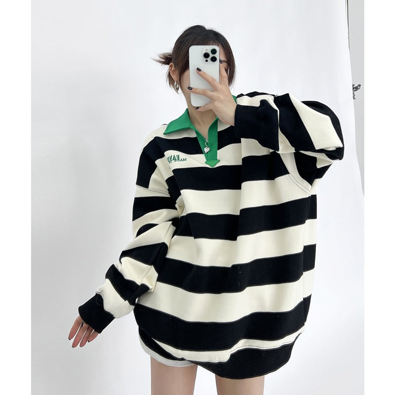 Herre Unisex Revers Stribet Broderet Sweatshirt