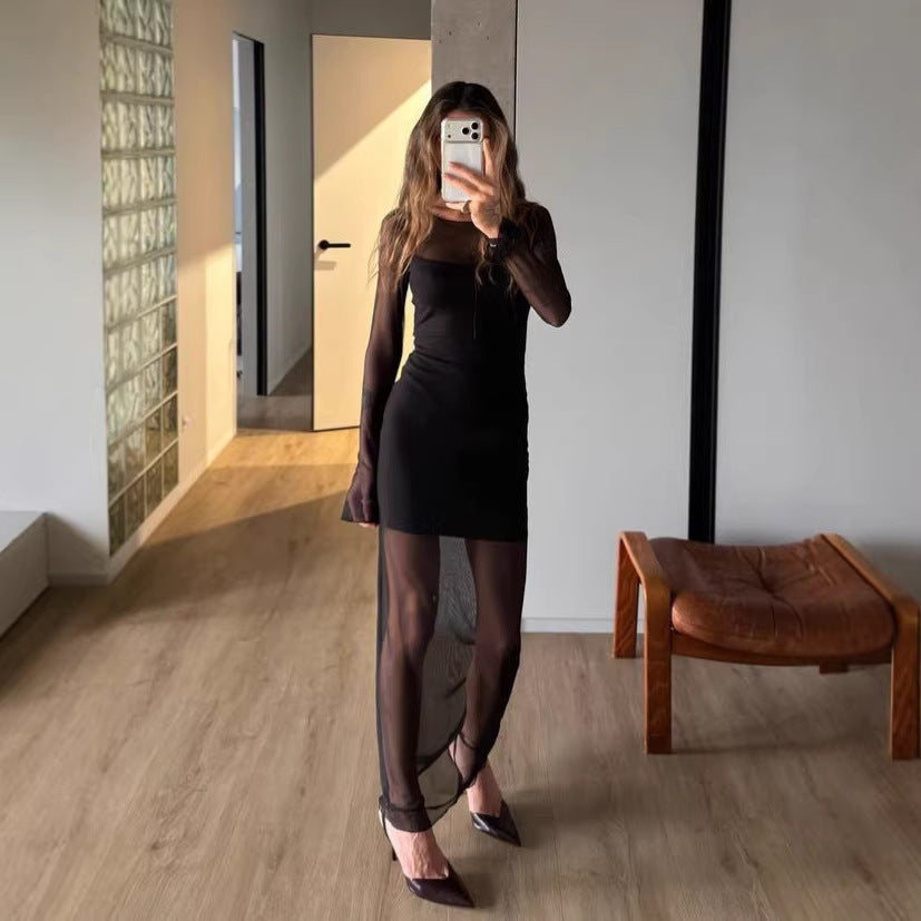 Elegant Womens Long-sleeve Mesh Dress With A Double-layer Design