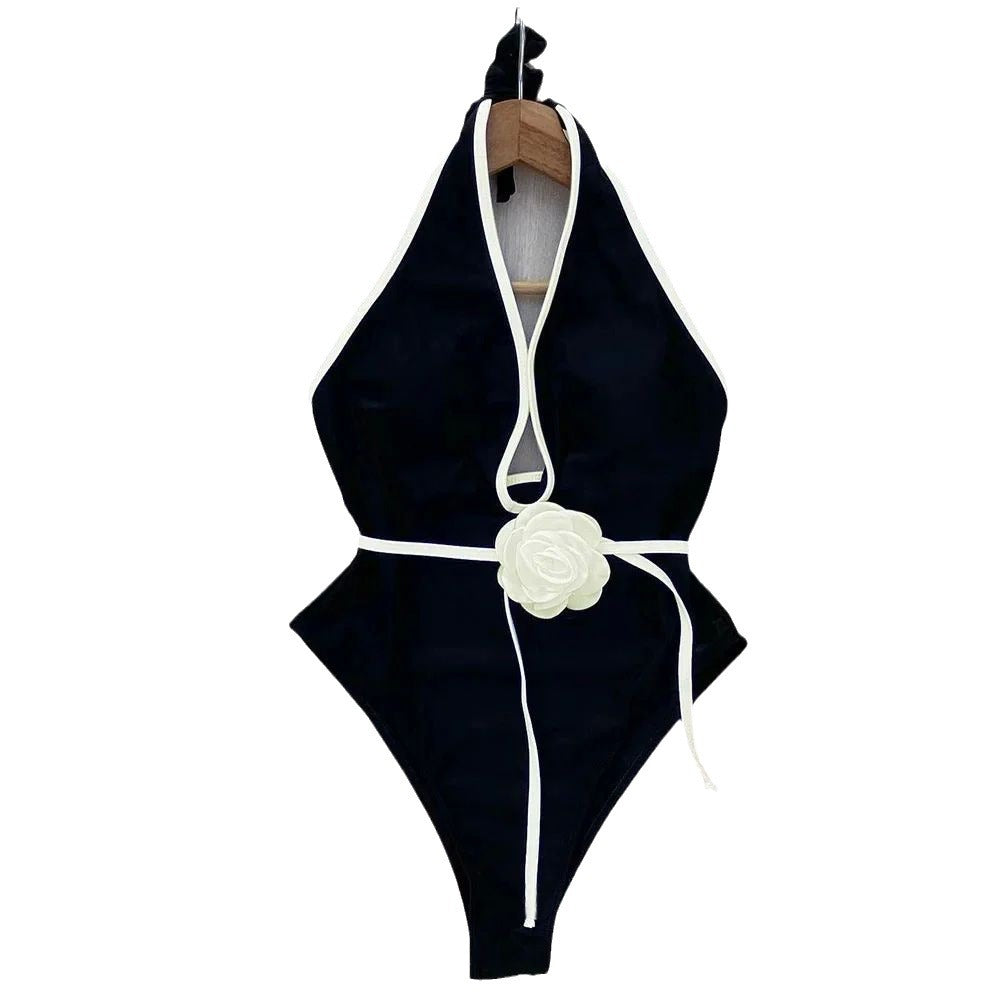 Pure Color Halter Waist Lace Flower Waist Slimming Slim Fit One-piece Sunscreen Women's Swimsuit