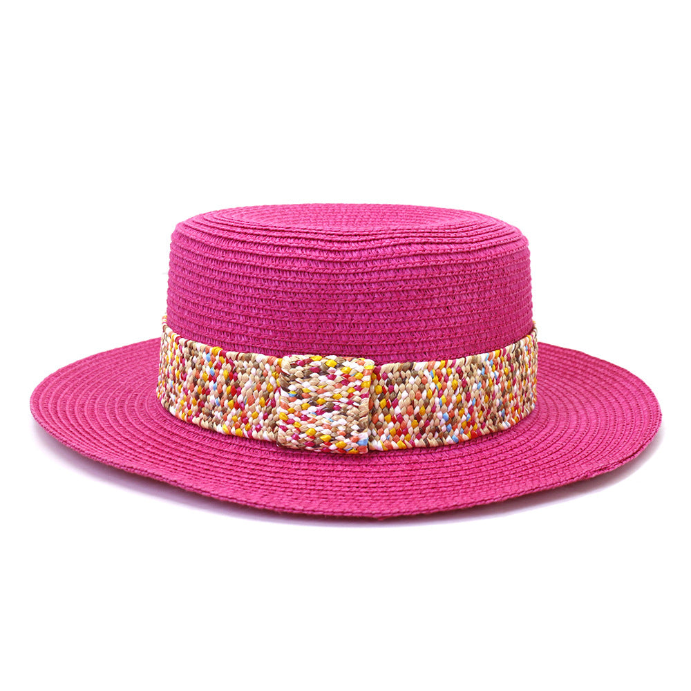 Color Flat Top Straw Hat Outdoor Travel Sunscreen