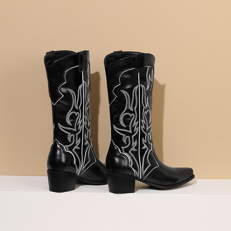Pointed-toe Red Embroidered Knee-high Boots Chunky Heel