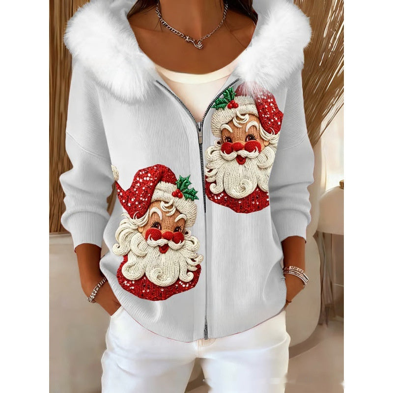 Stilfuld 3D Digital-Print Cardigan Til Damer Med Faux Fur Hætte