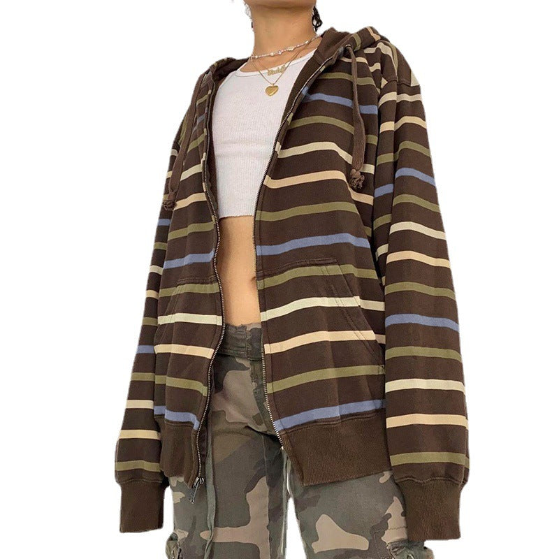 Fashion Stripe Printed Loose Hooded Sweater