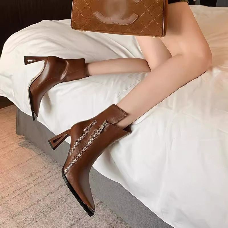 Womens Pointed-Toe Chunky-Heel Side-Zip Slimming Fashion Boots