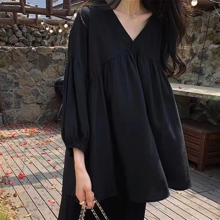 Womens Solid-Color V-Neck Three-Quarter Sleeve Shirt