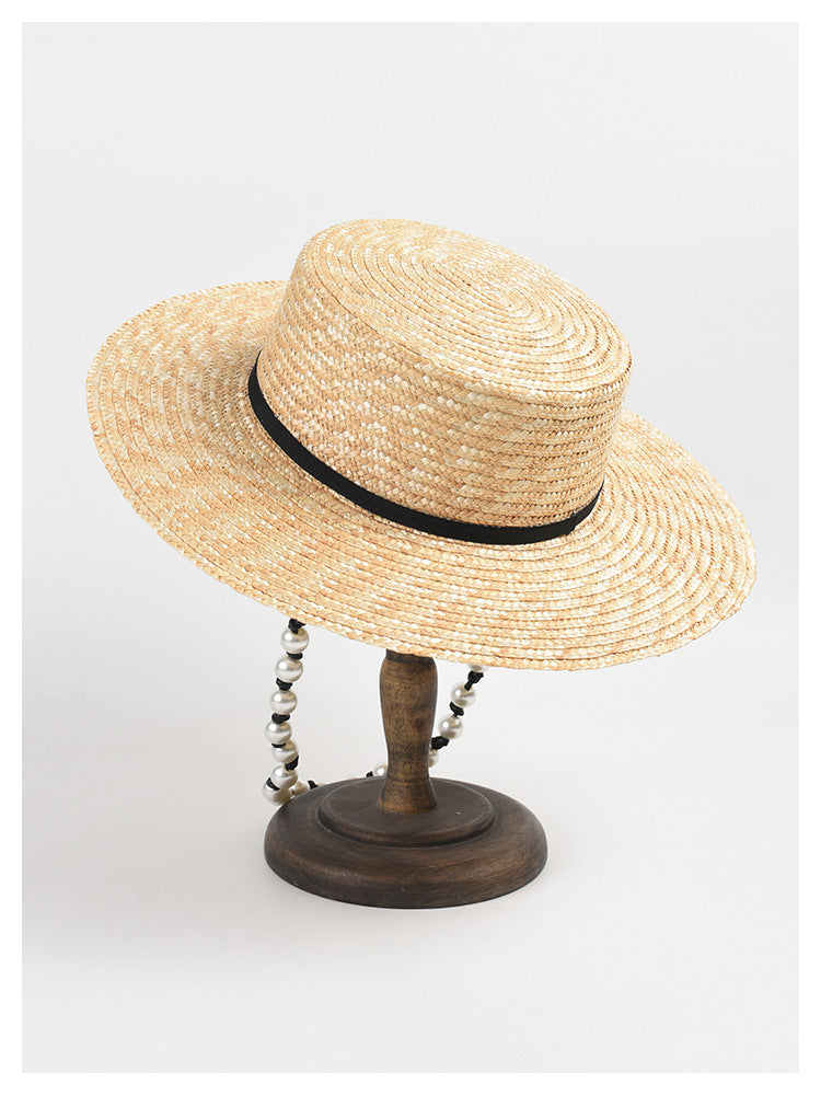 Flat Straw  Women Pearl Chain Sunshade Sun Hat