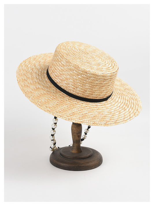 Flat Straw  Women Pearl Chain Sunshade Sun Hat
